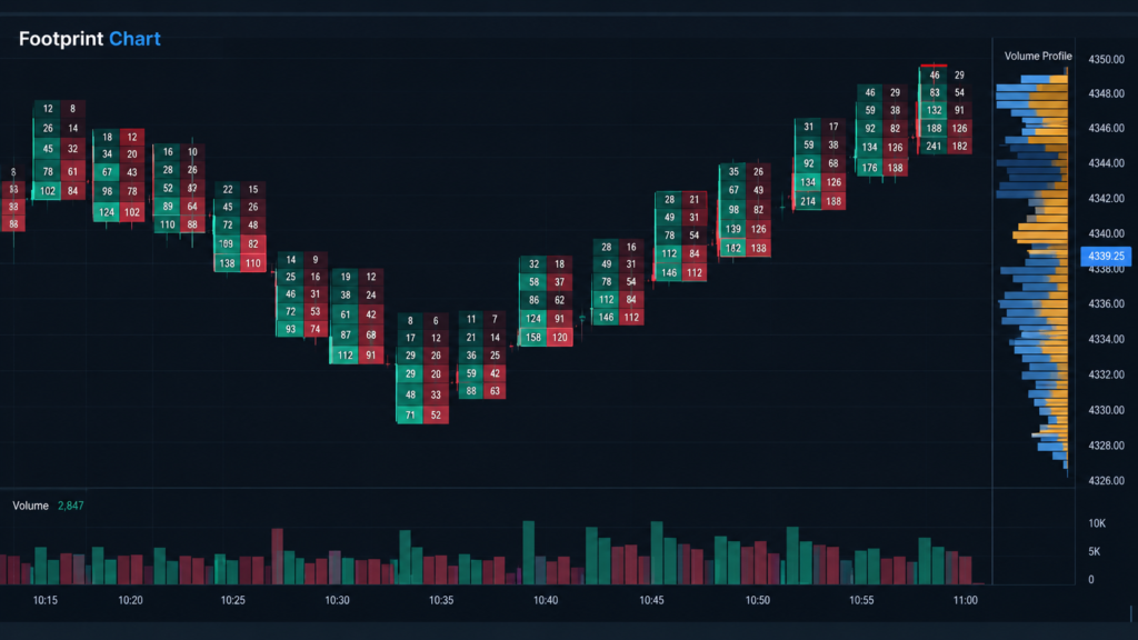 Footprint chart displaying bid and ask volume at each price level, candlestick movement, volume profile, and trading volume histogram.