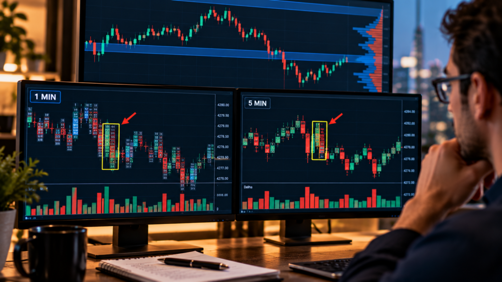 Trader analyzing iceberg orders on one-minute and five-minute footprint charts while using higher-timeframe support and resistance levels.