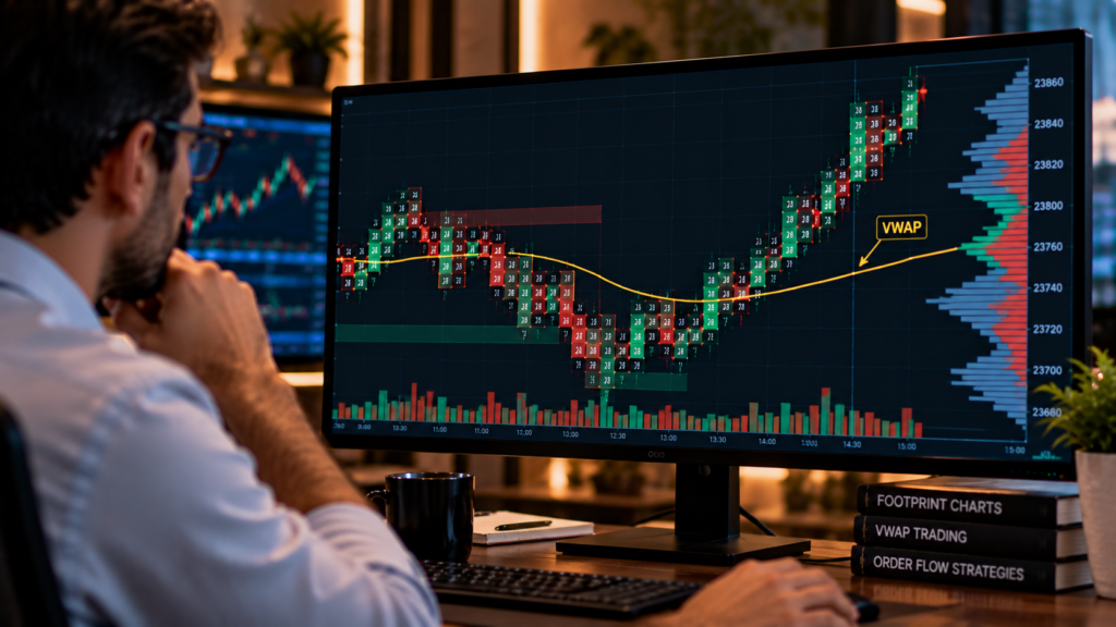 Trader analyzing a footprint chart with VWAP, volume profile, support and resistance zones, and order flow data.
